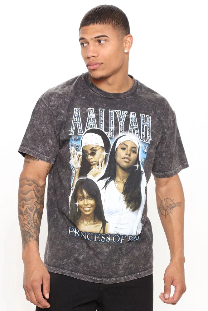 Men's Aaliyah Forever Short Sleeve Tee T-Shirt Acid Wash Black - Rex Distributor, Inc. Wholesale Licensed Products and T-shirts, Sporting goods,